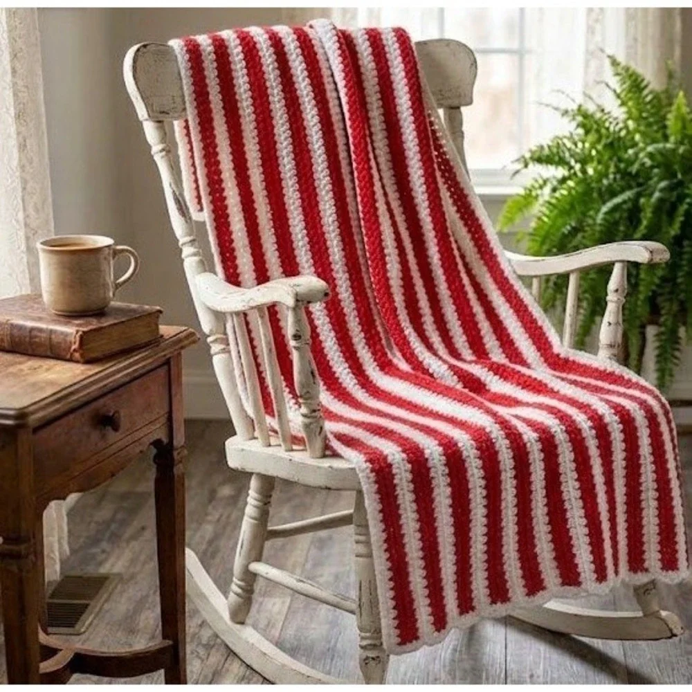 Vtg Handmade Crochet Throw Blanket Farmhouse Christmas Striped Red White 60x36